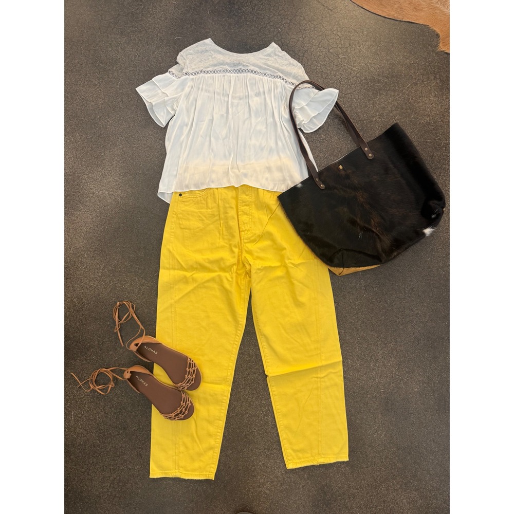 Sandrine RoseX Free People Yellow High Rise Straight Cinch Back Jeans Sz 29
